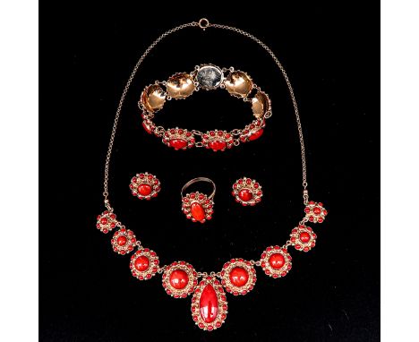 Including 14KG necklace, bracelet, earrings and ring. All set with red coral, ring size 17.