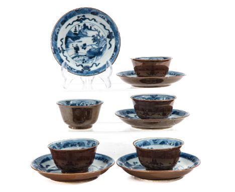 Batavianware, depicting landscape, saucers are 12 cm. in diameter, chip and hairline.