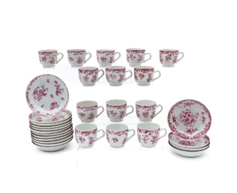 30 pieces, pink floral decor, 18th Century, saucers are 14 cm. in diameter, chip and hairline.