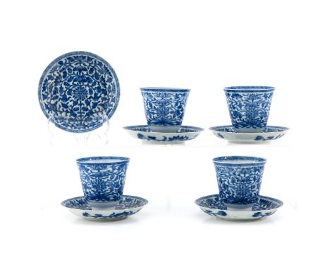 Including 4 cups and 5 saucers, blue and white floral decor, saucers are 13 cm. in diameter, in diverse conditions.