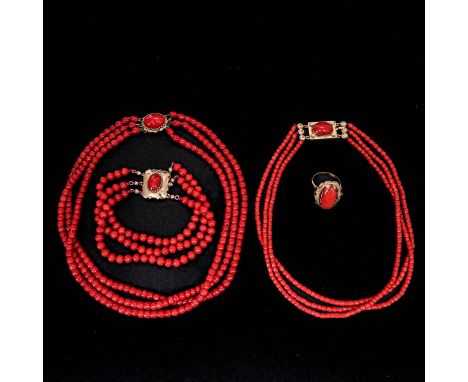 Including 2 necklaces, bracelet, and ring, 14KG clasp, ring size 17, coral is 3 - 6 mm. in diameter, total weight is 86 gram.