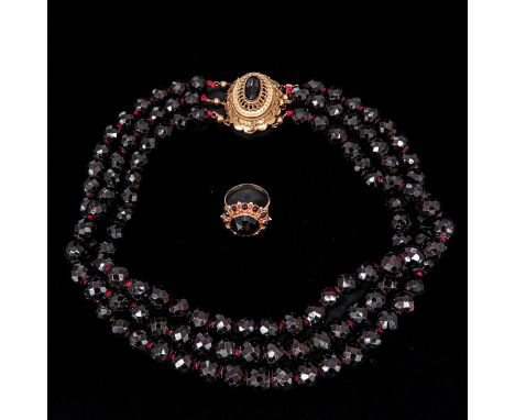Including 3 strand garnet necklace on 14KG clasp and 14KG ring set with garnet, ring size 18.
