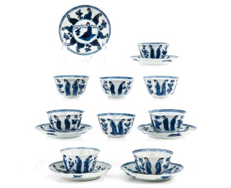 Including 9 cups and 6 saucers, depicting Chinese ladies with flowers, 18th Century, 10 cm. in diameter, chip and hairline.