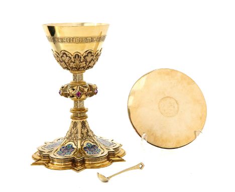 With beautiful enamel plaques, 23 cm. tall, also with spoon, pateen and box.
