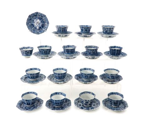 Including 16 cups and 16 saucers, floral decor, marked with double ring and jade symbol, saucers are 13 cm. in diameter, chip