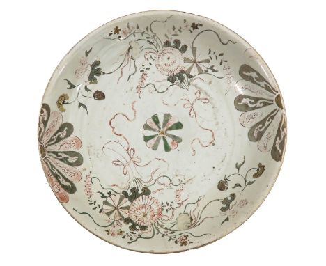 Decorated with flowers in green and pink enamels, marked with double ring and sacred fungus, 37 cm. in diameter, chip and hai