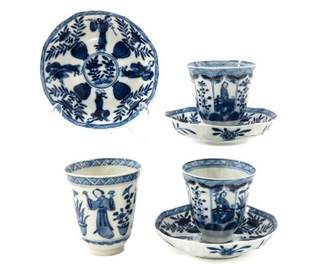 Including 3 cups and 3 saucers, depicting Chinese ladies with flowers, saucers are 13 cm. in diameter, with restoration.