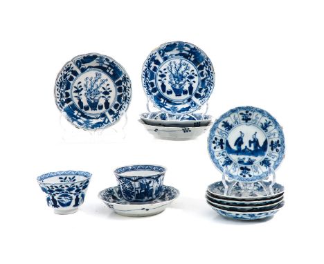 12 pieces, including 2 cups and 10 saucers, saucers are 12 cm. in diameter, chip and hairline.