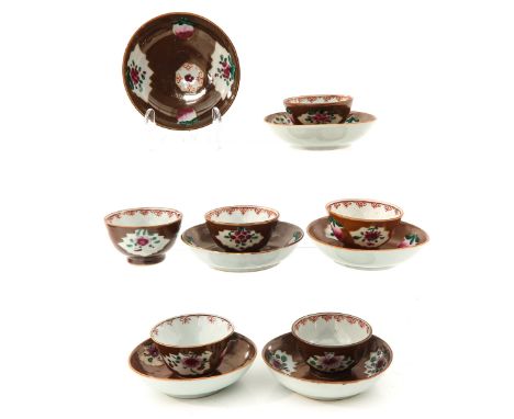 Floral and peach decor, 18th Century, saucers are 12 cm. in diameter, chip and hairline.