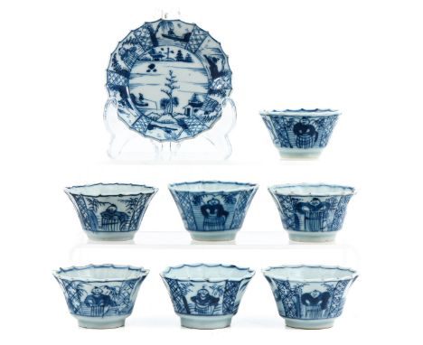Including 7 cups and 1 saucer, depicting landscape scenes, saucers are 10 cm. in diameter, hairline.