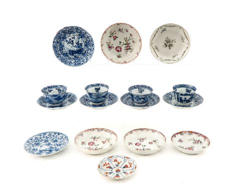 16 pieces, in a variety of decors and sizes, incuding 18th Century, largest saucers are 14 cm. in diameter, in diverse condit