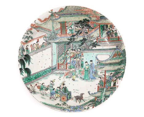 Depicting scene with gathering of Chinese in pagoda and garden, Kangxi mark, 41 cm. in diameter. 