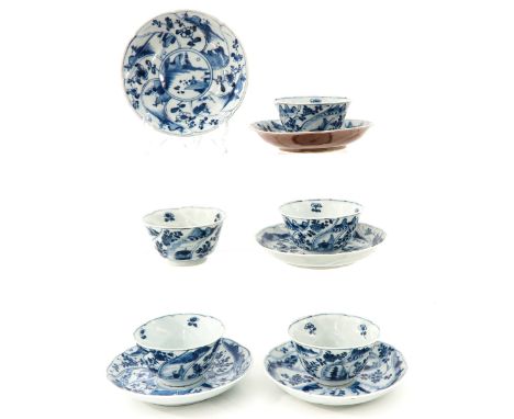 Including 5 cups and 5 saucers, decorated with flowers and landscapes, saucers are 13 cm. in diameter, chip and hairline.
