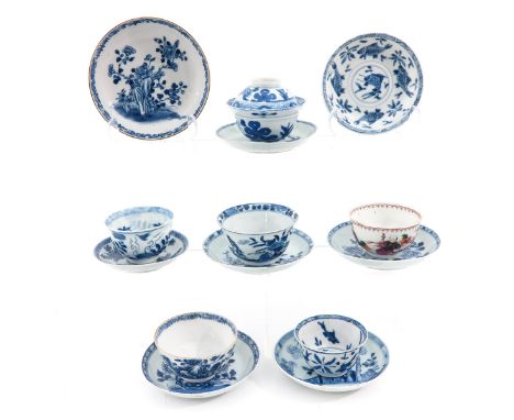 Including 6 cups and 8 saucers, largest saucer is 13 cm. in diameter, chip and hairline.