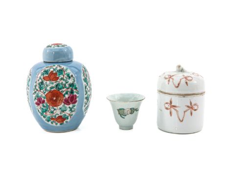 Tea caddy is marked Yongzheng and 13 cm. tall, cup warmer is 10 cm. tall. 