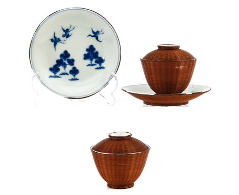 Decorated with bird and tress, saucers are 12 cm. in diameter, chip.