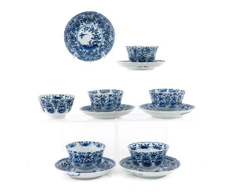 Including 6 cups and 6 saucers, decorated with scene in garden and flowers, saucers are 13 cm. in diameter, chip and hairline