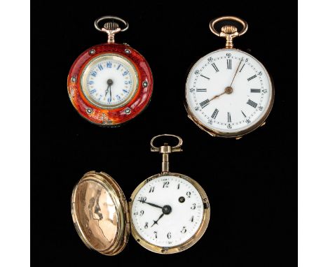 Including 2 gold and 1 with enamel case, largest case is 30 mm. in diameter, 59 gram.