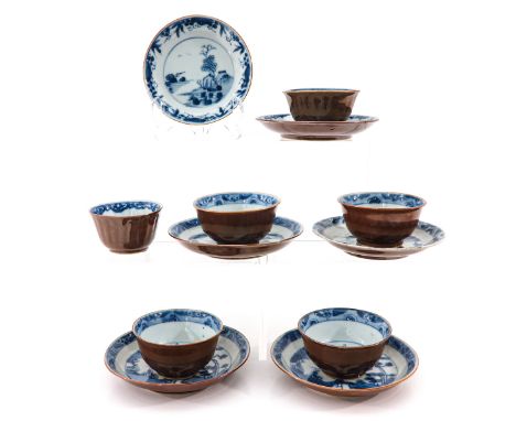 Including 6 cups and 6 saucers, depicting landscape with Chinese fisherman, saucers are 13 cm. in diameter, hairline.