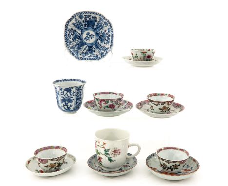 14 cups and saucers in a variety of decors and sizes, including 18th Century, largest saucer is 12 cm. in diameter, in divers