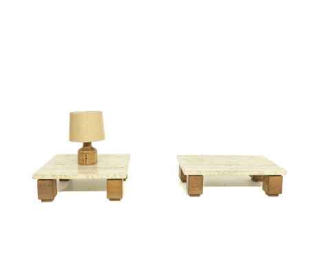 Circa 1970s, with travertine tops, 100 x 100 x 32 and 120 x 80 x 32 cm. in addition to 1960s lamp by Kirk Copenhagen.