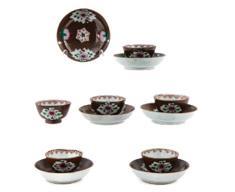 Floral decor in Famille Rose enamels, saucers measure 12 cm. in diameter, cups are 7 cm. in diameter, in diverse conditions.