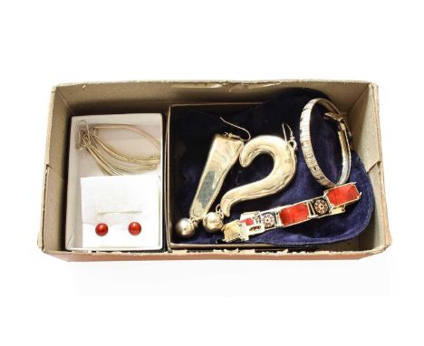 A Small Quantity of Jewellery, including a pair of earrings depicting a ? and !, with hook fittings, length 9.1cm; another pa