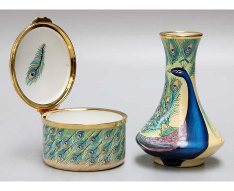Moorcroft Enamels: "Peacock" Vase, 8cm high with original box, and "Peacock" Hinged Trinket Box, circular, 6cm diameter, also