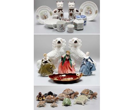 Four Royal Doulton Porcelain Figures, a pair of Staffordshire Dogs, a pair of Staffordshire cats, a Prattware jar and cover '
