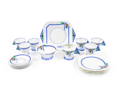 An Art Deco Shelley Porcelain Blue Truncated J Mode Shape Teaset, designed by Eric Slater, pattern No. 11755, comprising six 