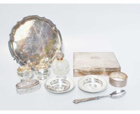 A Collection of Assorted Silver, including a shaped circular salver, 20.5cm diameter, engraved with an inscription; a cigaret