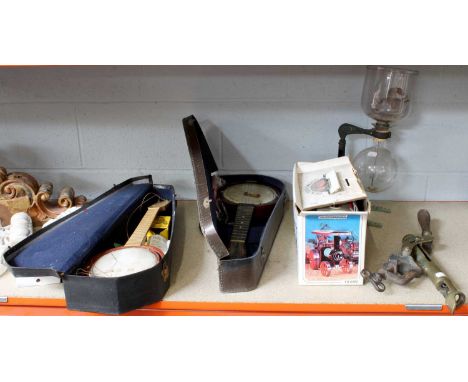 Two Banjolele's Cased, Mamod traction engine, a coffee perculator and brass table top corkscrew