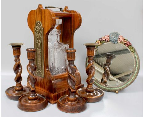 A Reproduction Indian Rosewood Brass Mounted Single Bottle Tantalus and Decanter, makers label for G &amp; A Keeling, togethe