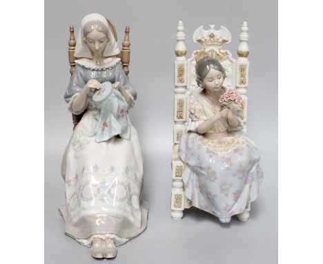 A Lladro Porcelain Figure of a Seated Girl, "Appreciation" model No. 1396, together with another "The Embroiderer" no. 4865 (