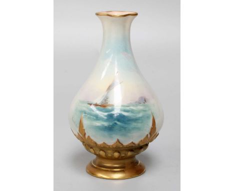 A Royal Worcester Porcelain Vase, 1911, by Raymond Rushton, painted with coastal vignettes, one with a sail boat, signed and 
