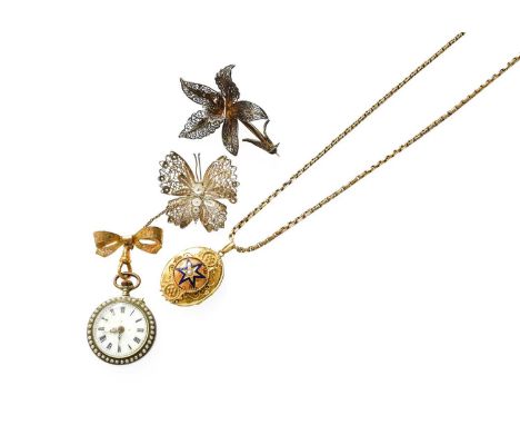 A Small Quantity of Jewellery, including an enamel and split pearl locket on chain, locket measures 3.8cm by 2.3cm, chain len