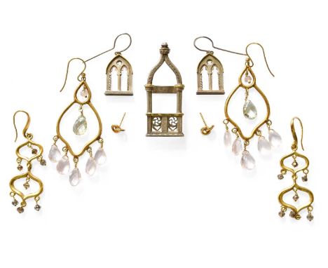 A Silver Scarf Clip and Matching Drop Earrings, both designed to depict archways, clip measures 4.8cm by 1.9cm, earring drop 