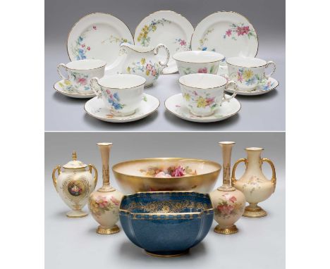 A Royal Worcester Porcelain Bowl, 1927, by Walter Harold Austin, painted with roses, together with three similar Blushware va