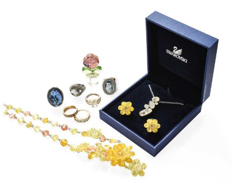 A Quantity of Jewellery, including a 9 carat gold textured band ring, finger size K; a 14 carat gold cubic zirconia seven sto