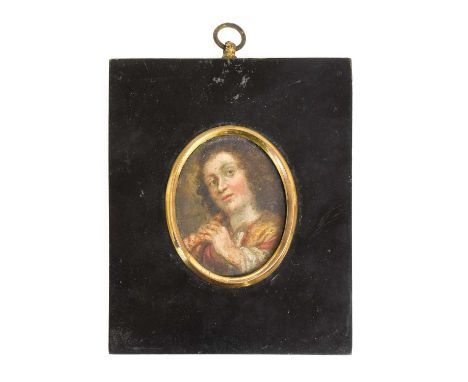 Follower of Dirck van Baburen (c.1575-1624): Miniature Portrait of a Musican, bust length, wearing a gold-braided scarlet jac