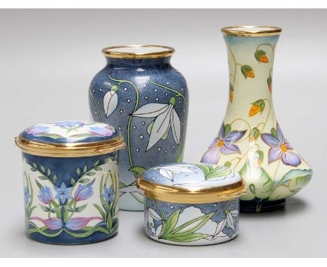 Moorcroft Enamels: "Sweet Thief" Vase, dated 21.3.01 and numbered 14, 8cm high, with original box, "Snowdrop" Vase, 7cm high,