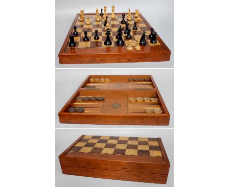 A Travelling Games Board, Stamped R. Whitty Tithebarn St Liverpool with chess set and back gammon piecesBoard Circa 1900, sli