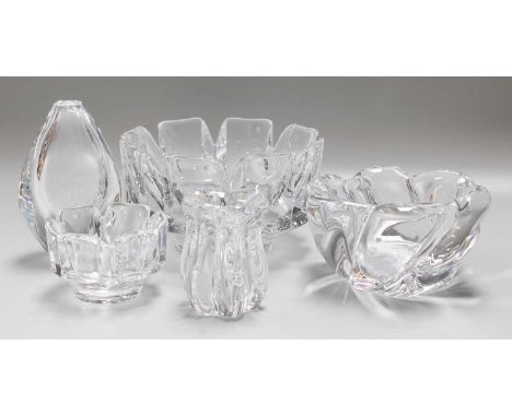 An Orrefors Glass Corona Bowl, by Lars Hellsten, 19cm wide, a similar candlestand by Bert Johannson, a further bowl and two b