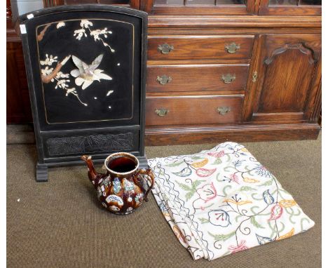 A Japanese Shibayama Firescreen, Showa period, together with a Measham bargeware teapot and a crewel work bed cover (3)