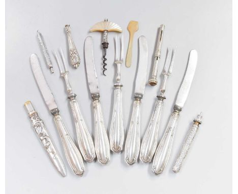 A Collection of Assorted Silver, Silver Plate and Objects of Vertu, including a small corkscrew with carved mother-of-pearl h