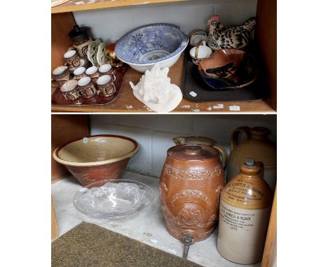 Stoneware Flagons, blue and white sink, stoneware jug, Briglin coffee set, Spode 967 baskets, etc. (two shelves)