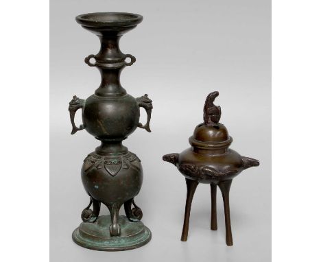 A Chinese Bronze Tripod Censer, with pierced cover, 14cm high, together with a similar archiac style vase of knopped form, wi