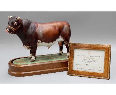 Royal Worcester "Dairy Shorthorn Bull", by Doris Lindner, on wooden plinth, with framed certificate for limited edition 366/5