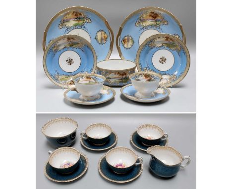 A Noritake Porcelain Part Tea Service, blue ground and painted with lake views, together with a Royal Worcester porcelain pow
