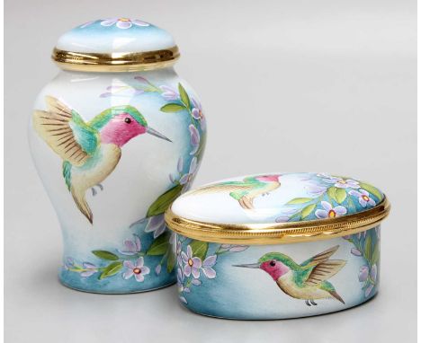 Moorcroft Enamels: "Shintaki" Hinged Trinket Box, by Stephen Smith, oval, 6.5cm wide with original box, and "Shintaki" Vase a